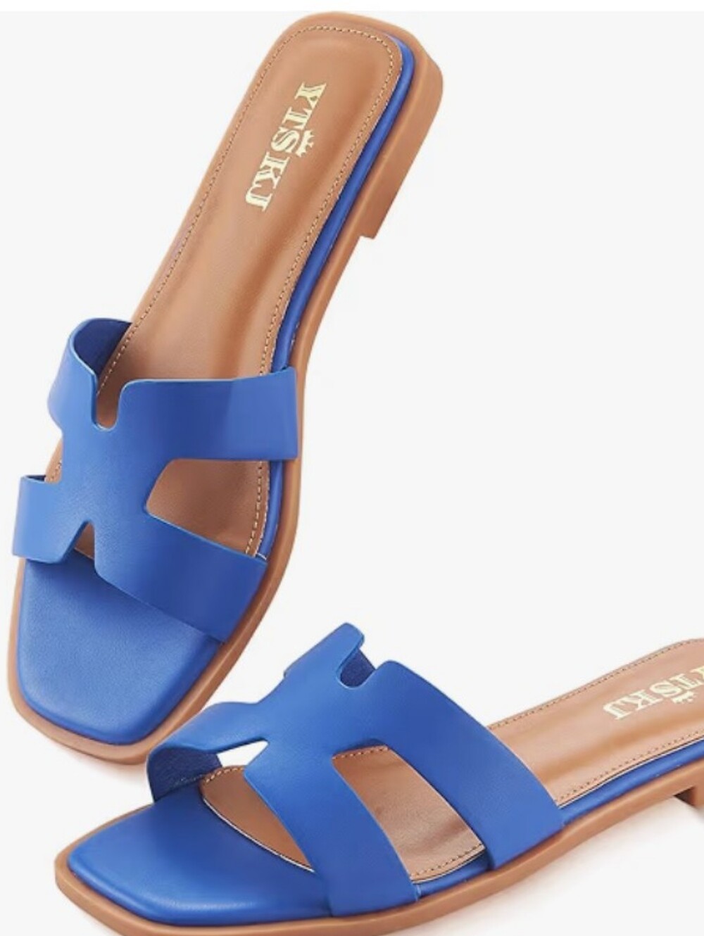 New Luxury Cutout Strap Slide Sandals Flat Open Toe Summer Casual Slides Blue